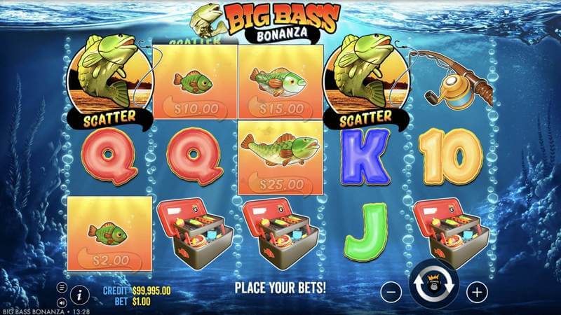Big Bass Bonanza Pragmatic Play écran de jeu avec pêcheur