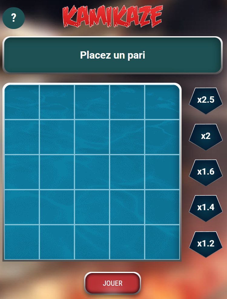 Kamikaze : grille de cases et cotes des rangées