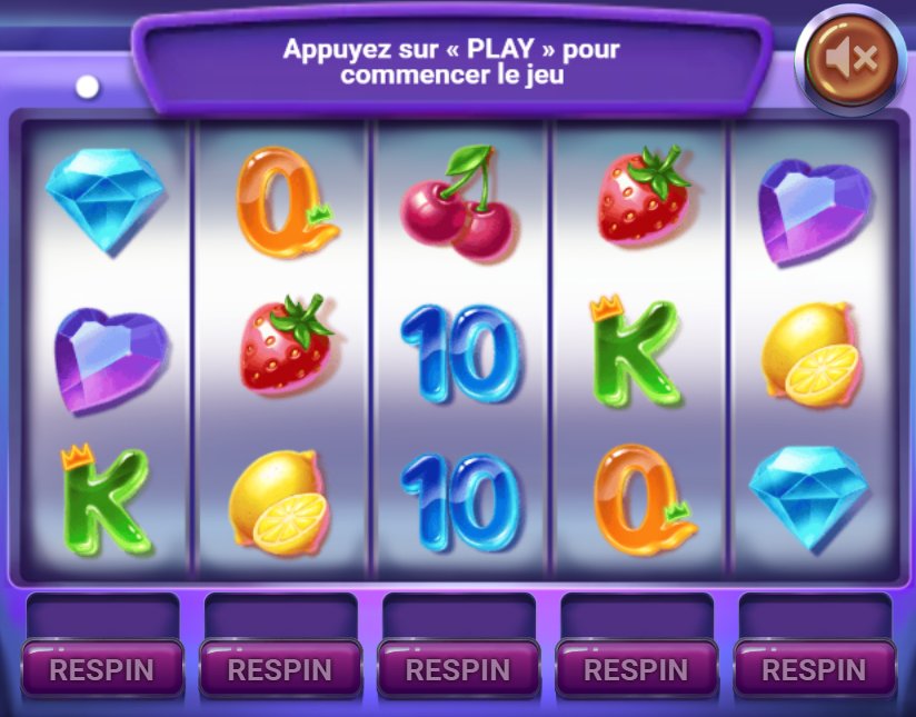 Respin Slot: خمس بكرات من الفواكه والأحجار الكريمة وزر RESPIN أسفل كل بكرة