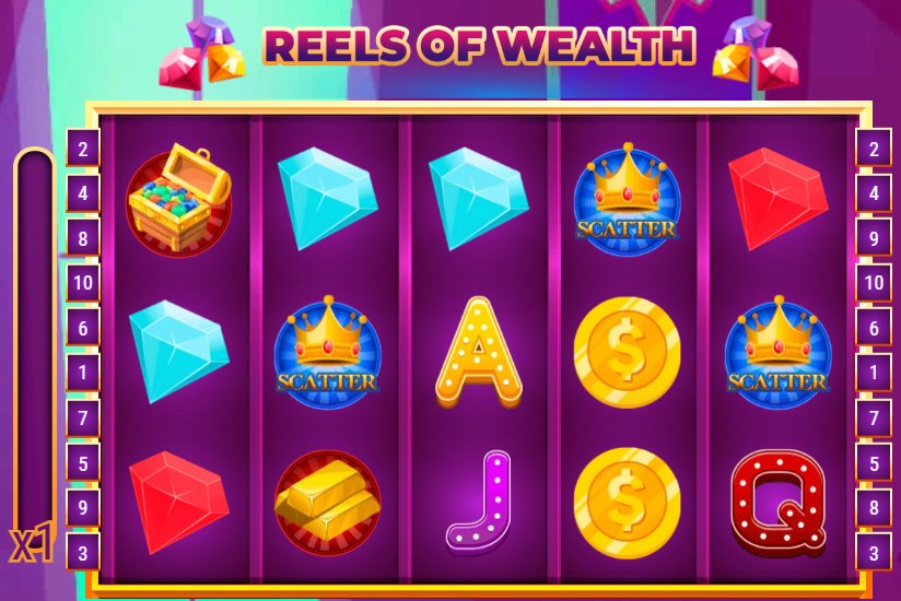 Reels of Wealth: خمس بكرات وثلاثة صفوف قبل الدورة الأولى، مع بلورات وعملات ورموز SCATTER وحروف، وأرقام خطوط الدفع على الجانبين