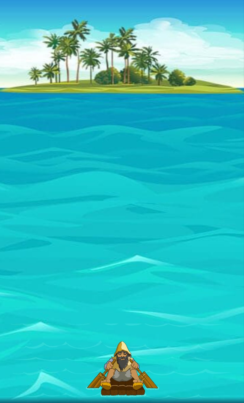 Island: Robinson on his raft facing a palm-covered island in the middle of the sea