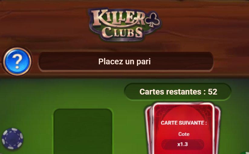 Killer Clubs : table de jeu avant la première carte, avec 52 cartes restantes et la cote de la carte suivante