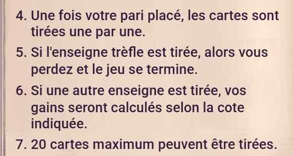 Killer Clubs : extrait des règles, un trèfle tiré termine la partie et 20 cartes au maximum
