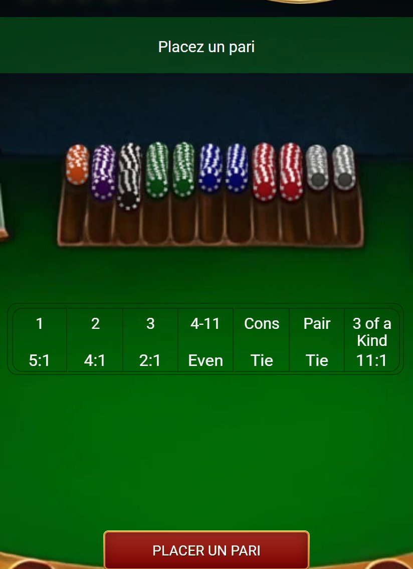 Red Dog: green table with the chips and the odds row, from 5:1 up to 11:1 for three of a kind