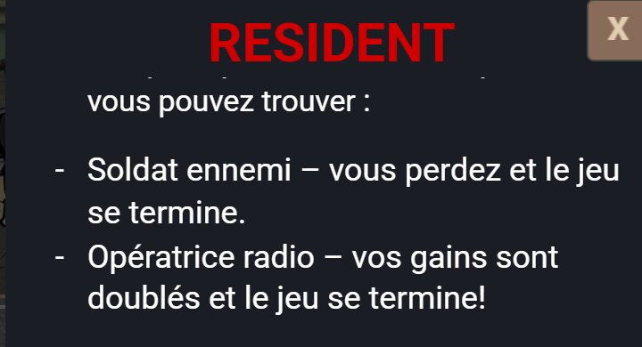 Resident : fenêtre de règles sur les surprises, le soldat ennemi et l'opératrice radio