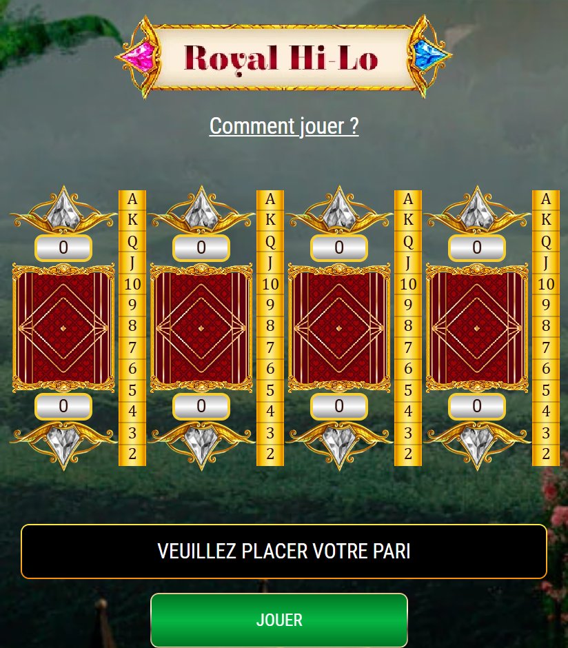 Royal Hi-Lo : quatre cartes face cachée avec les échelles de valeurs, avant le pari
