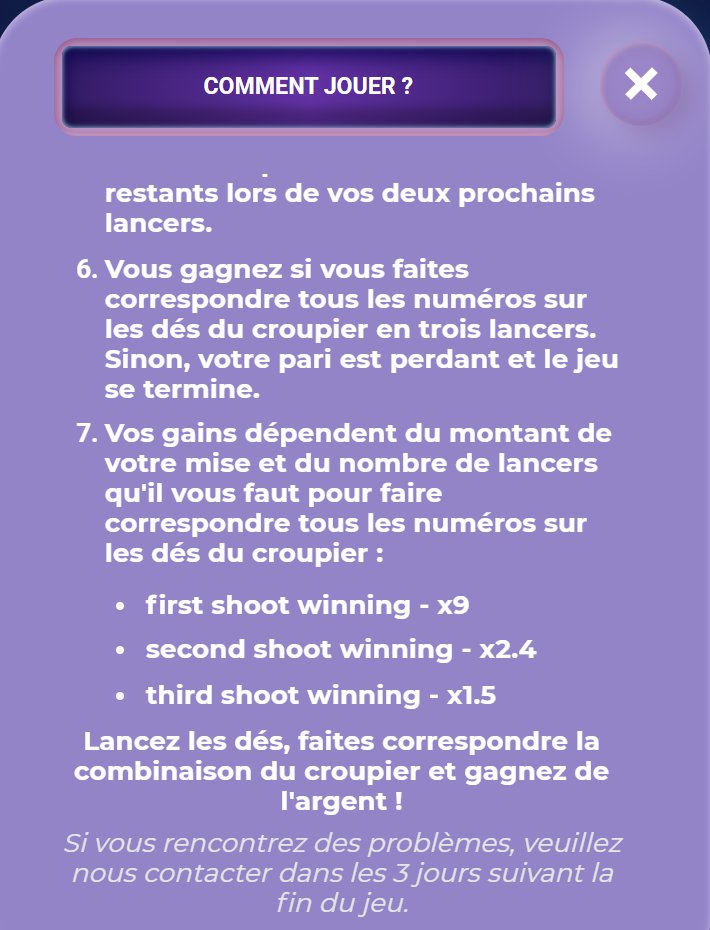 Sharp Shooter : règles, retrouver les numéros du croupier en trois lancers, x9 au premier, x2.4 au deuxième, x1.5 au troisième