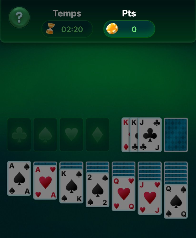 Solitaire Battle Arena: solitaire table with the timer and the points counter, four empty foundations