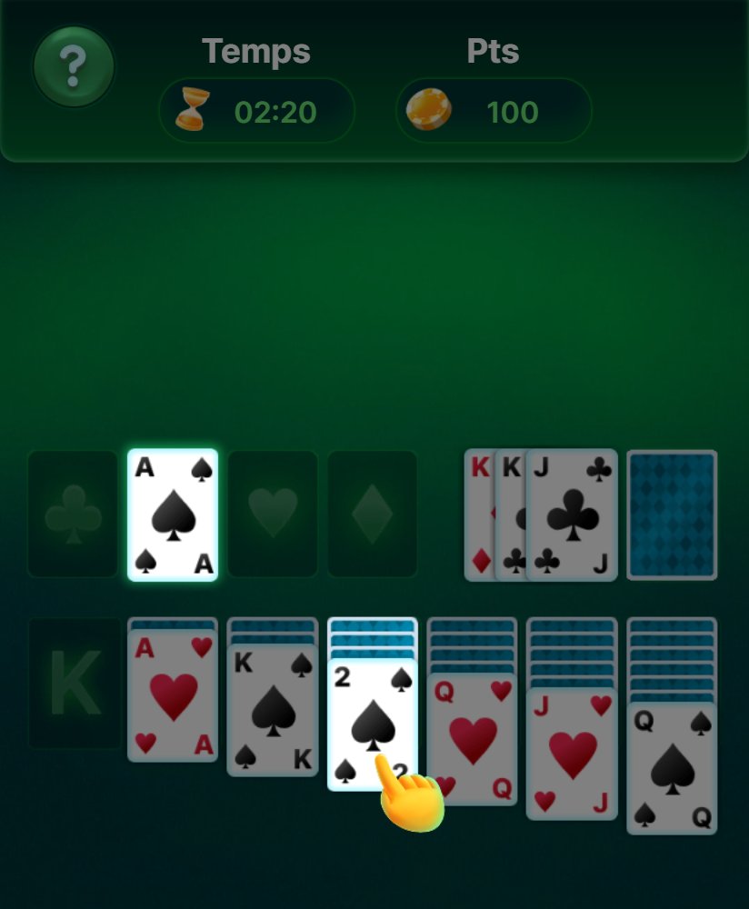 Solitaire Battle Arena: the ace of spades placed on a foundation, the two of spades marked as the next card