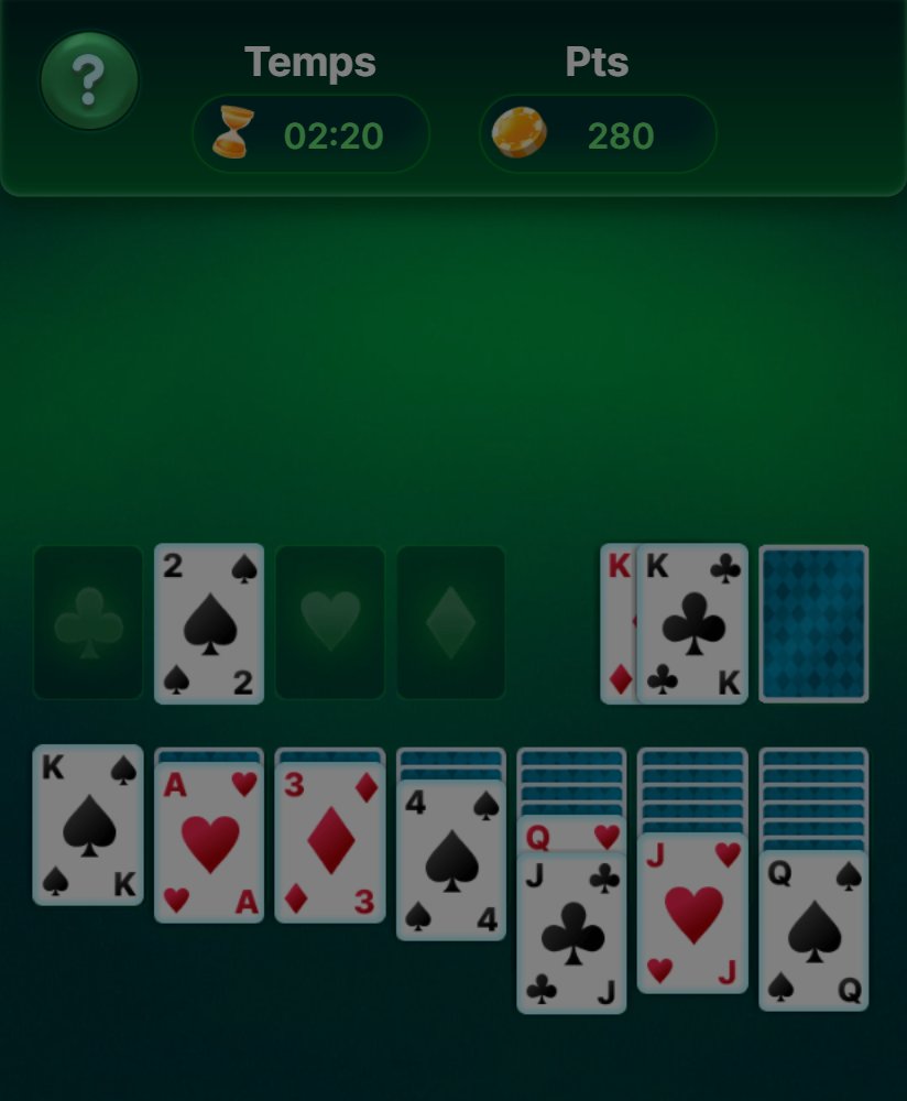 Solitaire Battle Arena: game in progress, cards sorted in descending order and points accumulated