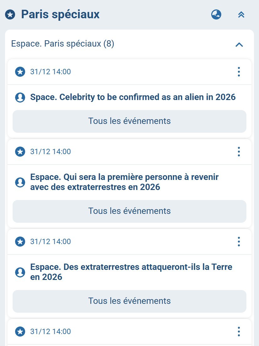 Paris spéciaux 2026 - groupe Espace des paris spéciaux dans la ligne avant match