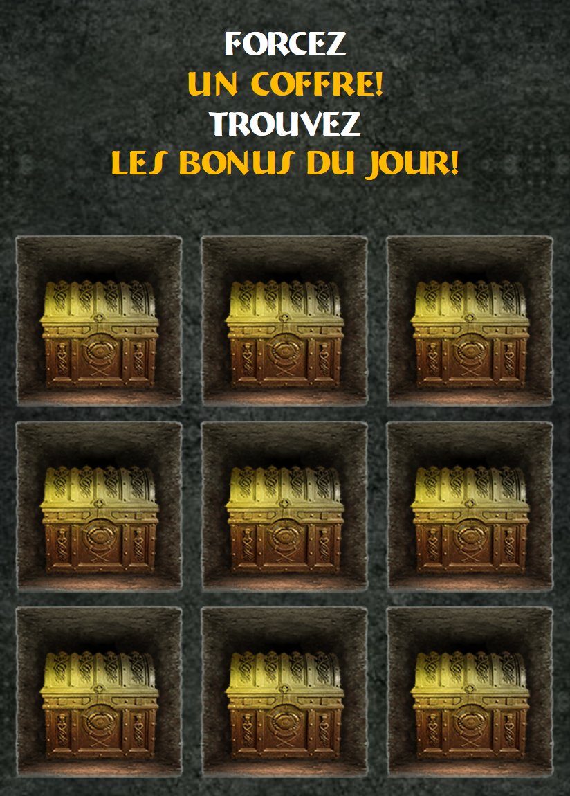 Chest: تسعة صناديق خشبية في كوى حجرية تحت عبارة اكسر صندوقًا