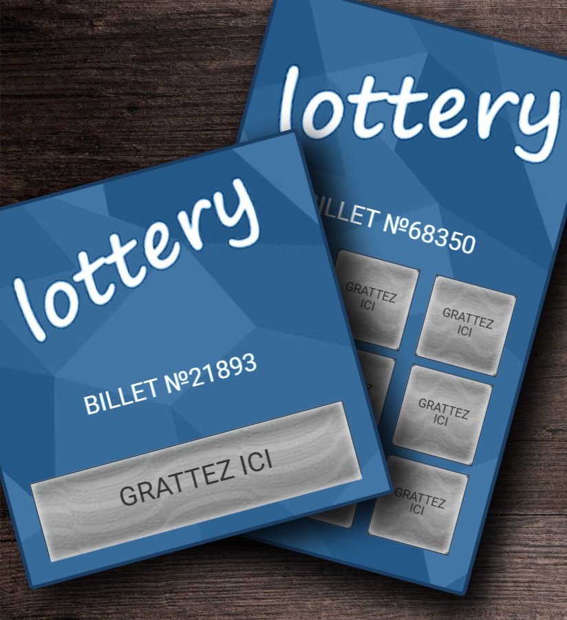 Lottery: تذكرتان زرقاوان على طاولة خشبية، خانة عريضة وتسع خانات اكشط هنا