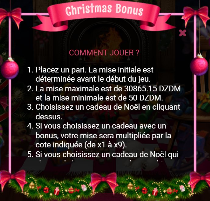 Christmas Bonus: نافذة كيف تلعب في إطار وردي، الرهان والهدية والمعامل من x1 إلى x9