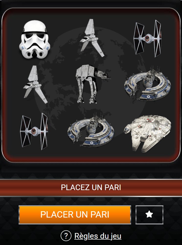 Star Wars: شبكة من تسع خانات بخوذة ومكوك ومقاتلة وآلية سير، وزر ضع رهانًا