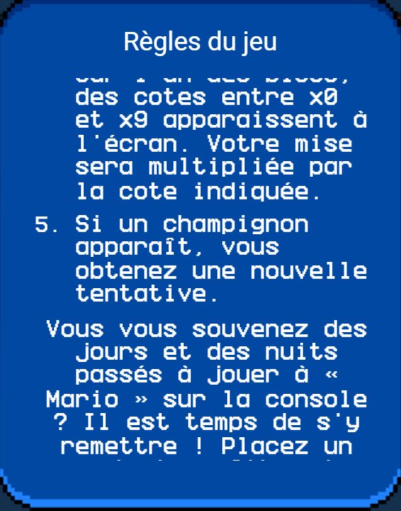 Super Mario : fenêtre Règles du jeu, cotes de x0 à x9 et champignon pour une nouvelle tentative