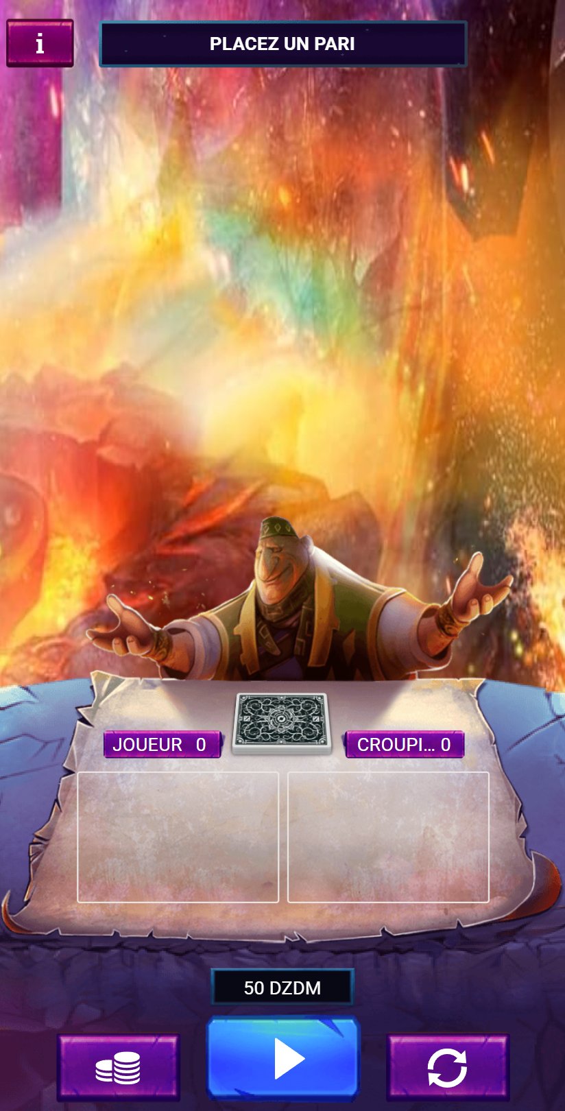 21 Dota: ساحر أمام اللهب وطاولة من الرقّ وخانتا اللاعب والموزع وأزرار الرهان