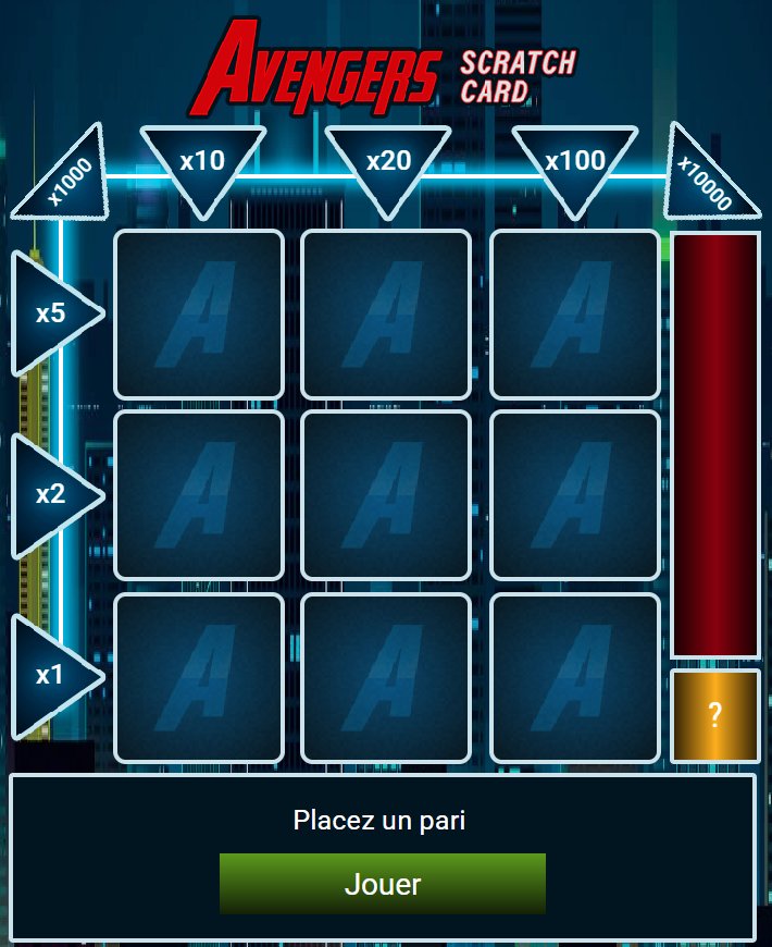 Avengers Scratch Card: شبكة من تسع بطاقات زرقاء وأسهم معاملات من x1 إلى x10000 وزر العب