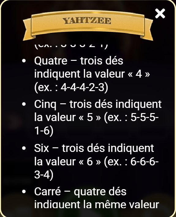 Yahtzee : fenêtre des combinaisons gagnantes, Quatre, Cinq, Six et Carré avec exemples