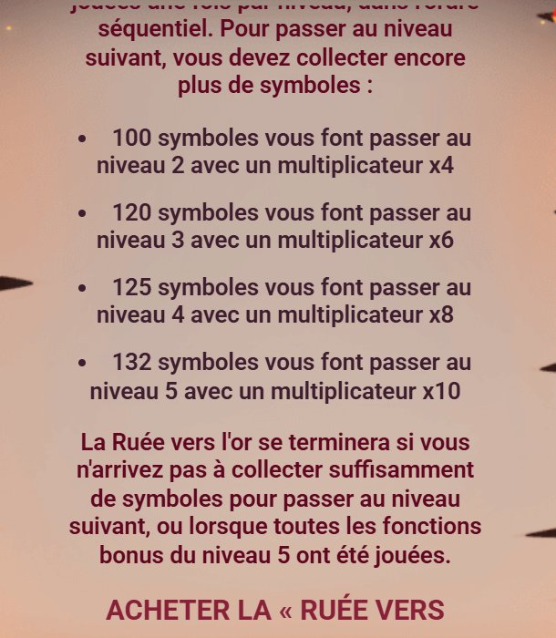 Gems Bonanza : niveaux de la Ruée vers l'or, 100, 120, 125 et 132 symboles pour x4 à x10