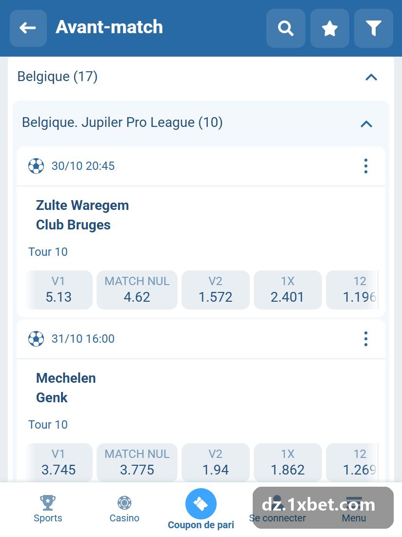Belgique. Jupiler Pro League : matchs du tour avec V1, nul, V2