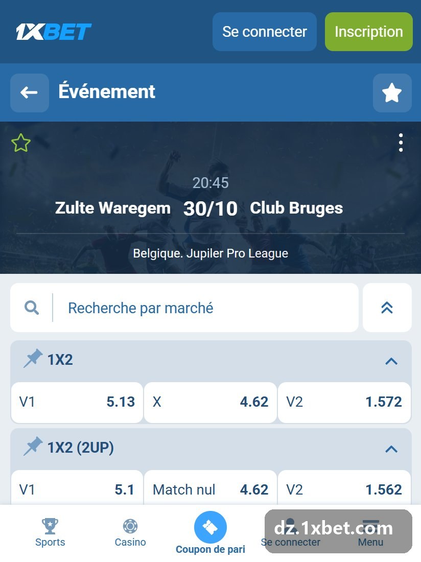 Belgique. Jupiler Pro League : fiche d'un match et recherche par marché