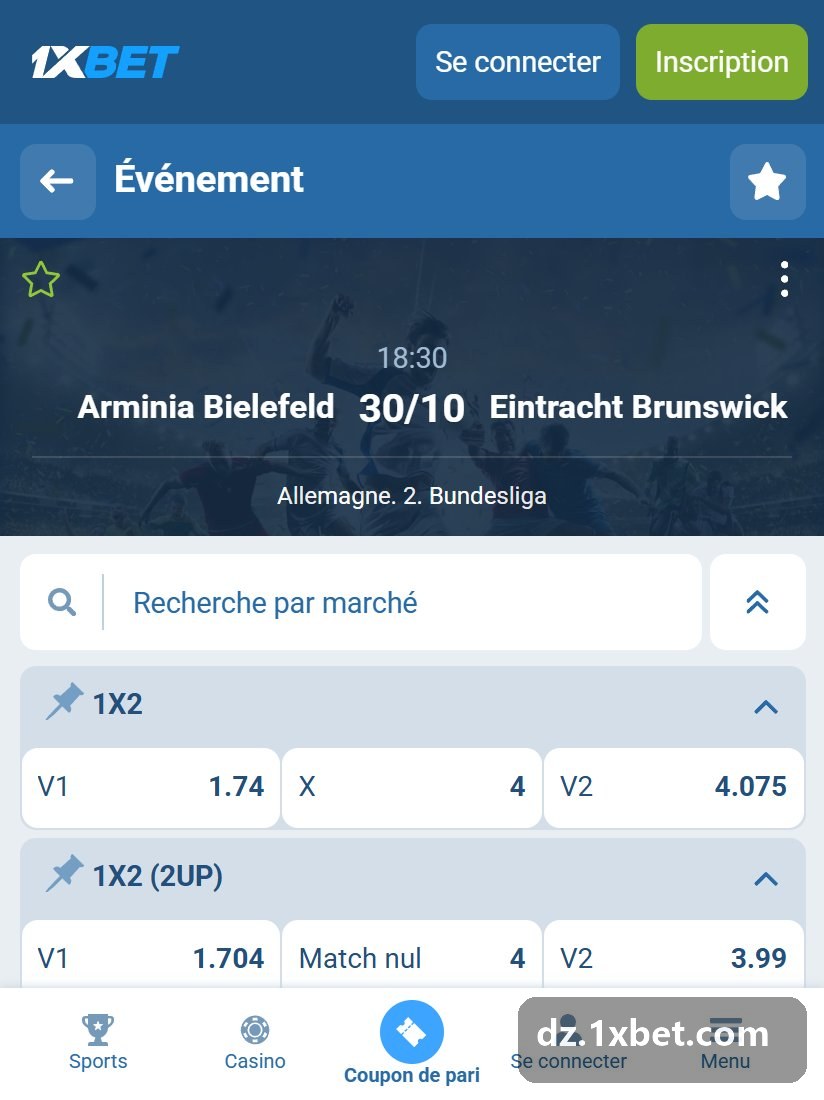 Allemagne. 2. Bundesliga : fiche d'un match avec V1, X et V2
