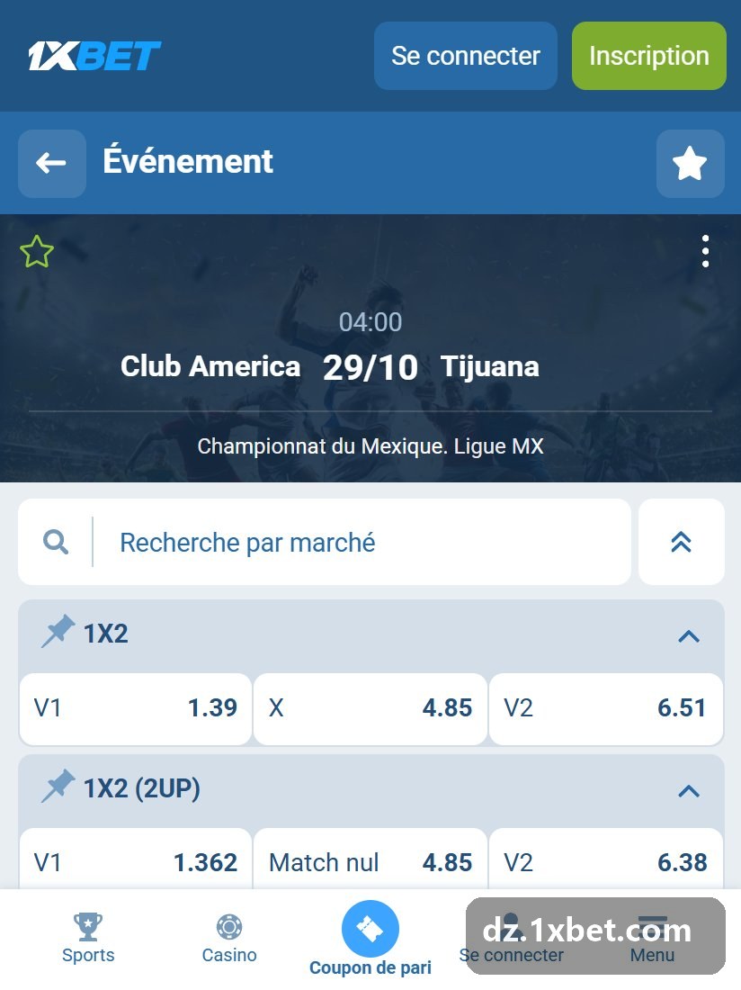 Championnat du Mexique. Ligue MX : fiche d'un match avec V1, X et V2