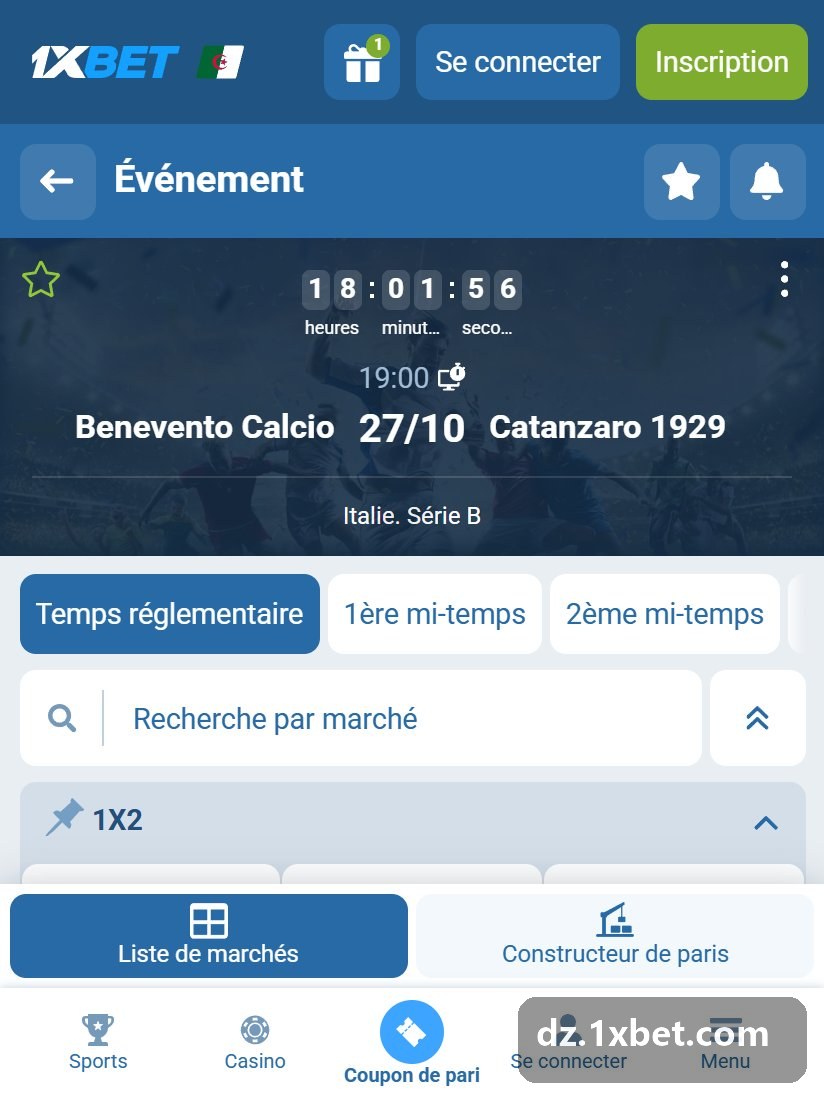 Italy. Serie B: a match page with its markets