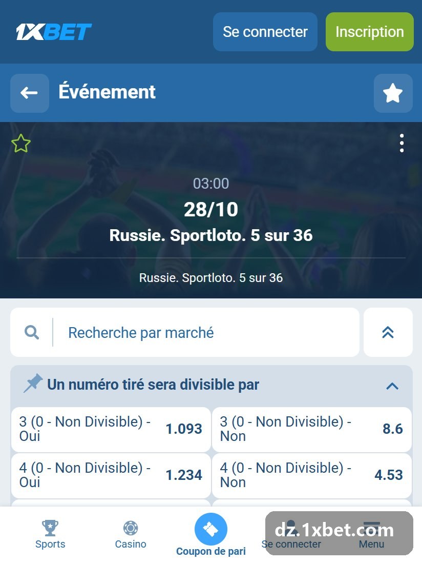 Russie. Sportloto. 4 sur 20 : fiche du tirage, marché « Un numéro tiré sera divisible par »