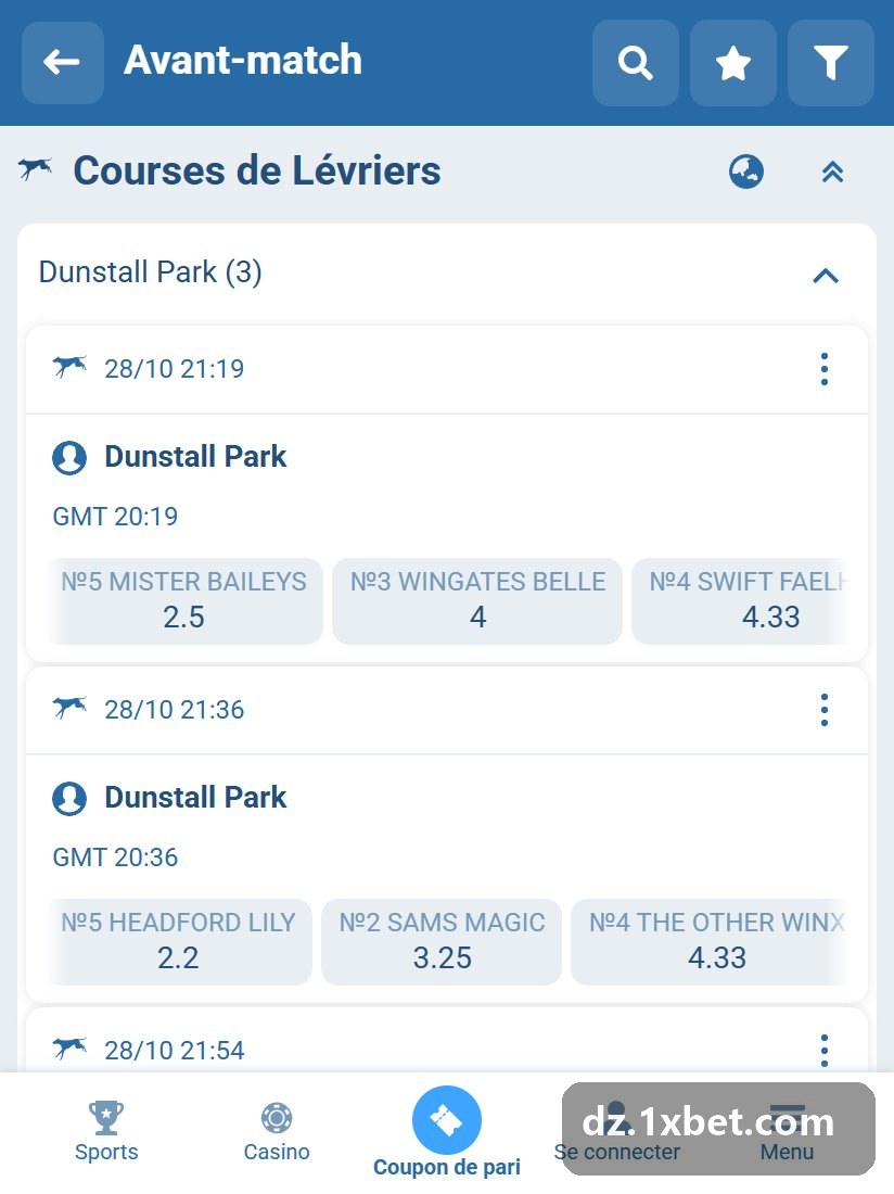 Q1 Lakeside : courses de la réunion avec heure, horaire GMT et chiens numérotés