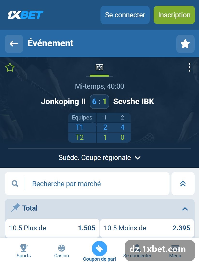 Floorball live: a game page with goals by period and the Total block
