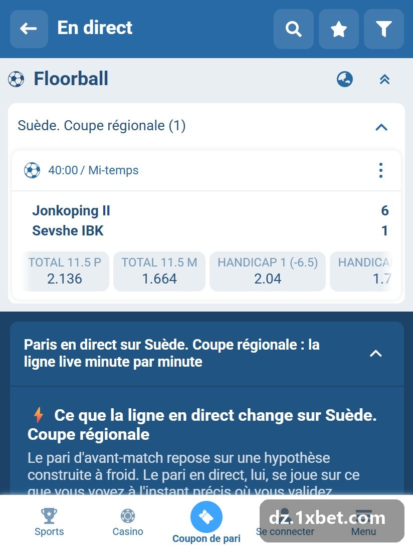 Floorball live: an open group with clock, score and TOTAL and HANDICAP prices
